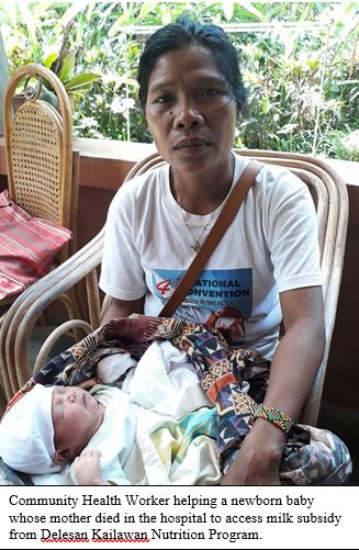 Community Health Worker helping a newborn baby whose mother died in the hospital to access milk subsidy from Delesan Kailawan Nutrition Program